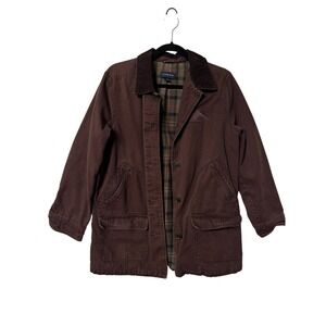 Lands End Mens Brown Cotton Canvas Barn Jacket Plaid Liner Corduroy Collar M